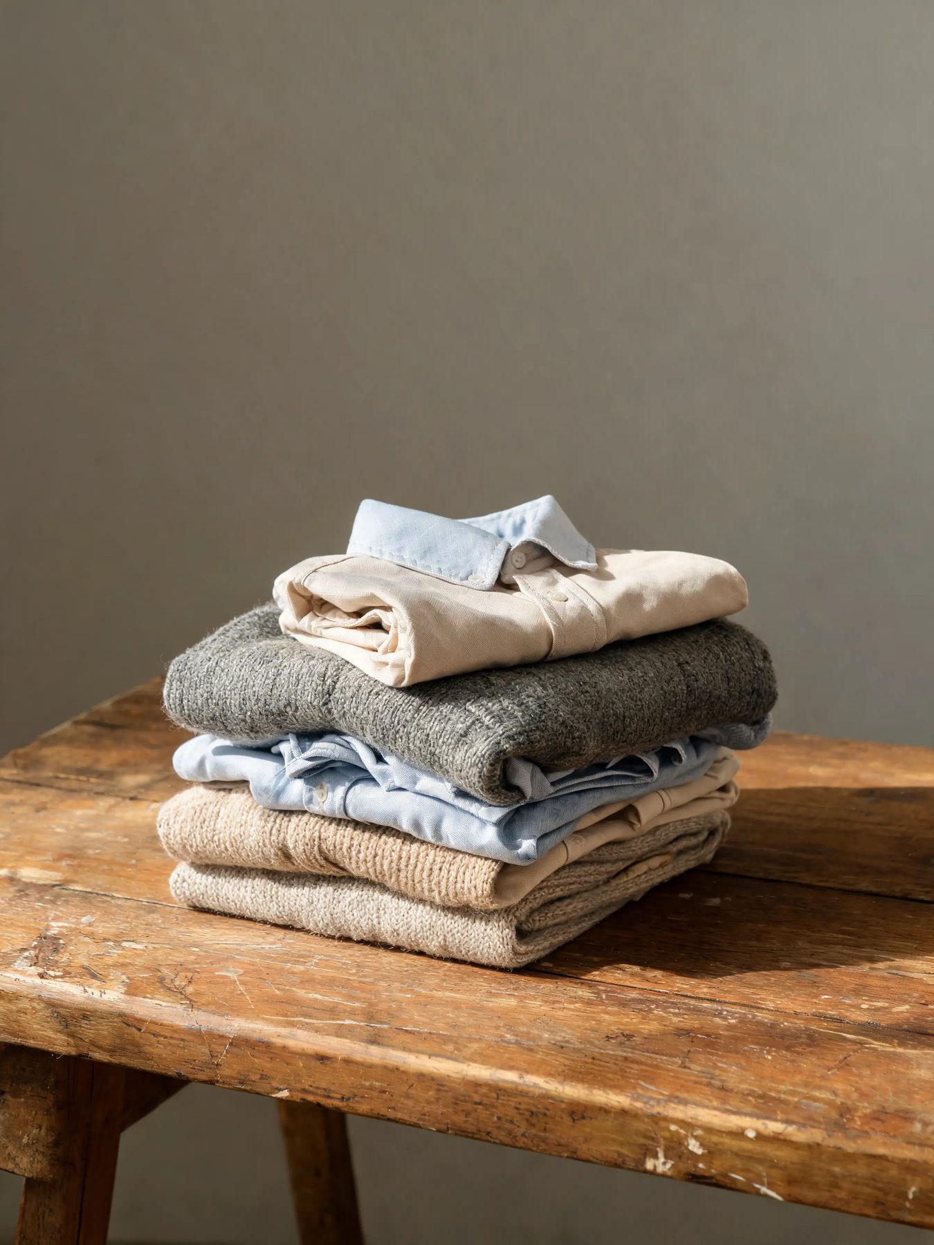 Folded knitwear and shirts stacked on a worn oak table